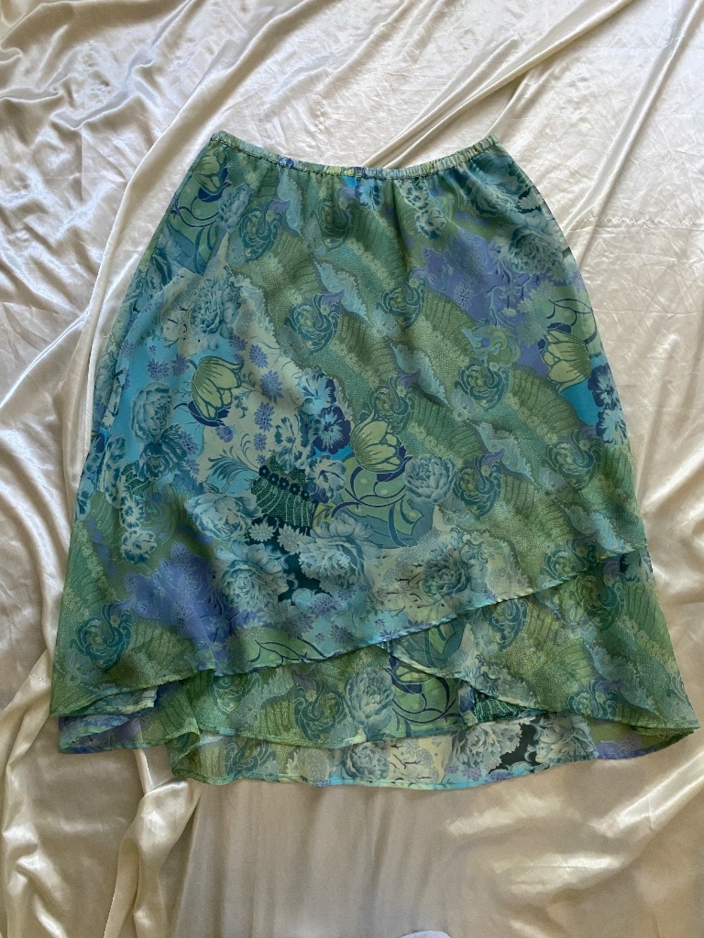 Vintage y2k Blue Green Floral Layered Midi Skirt Boho Fairy Large Semi-Sheer